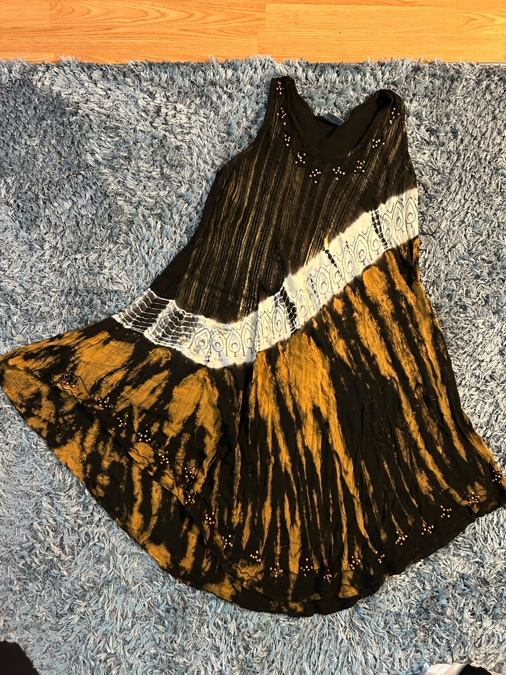 Shoreline Boho Tie-Dye Maxi Dress in Black and Gold With Embroidered Beading